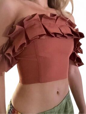 Luxxel Layered Ruffle Off-Shoulder Crop Top in Rust